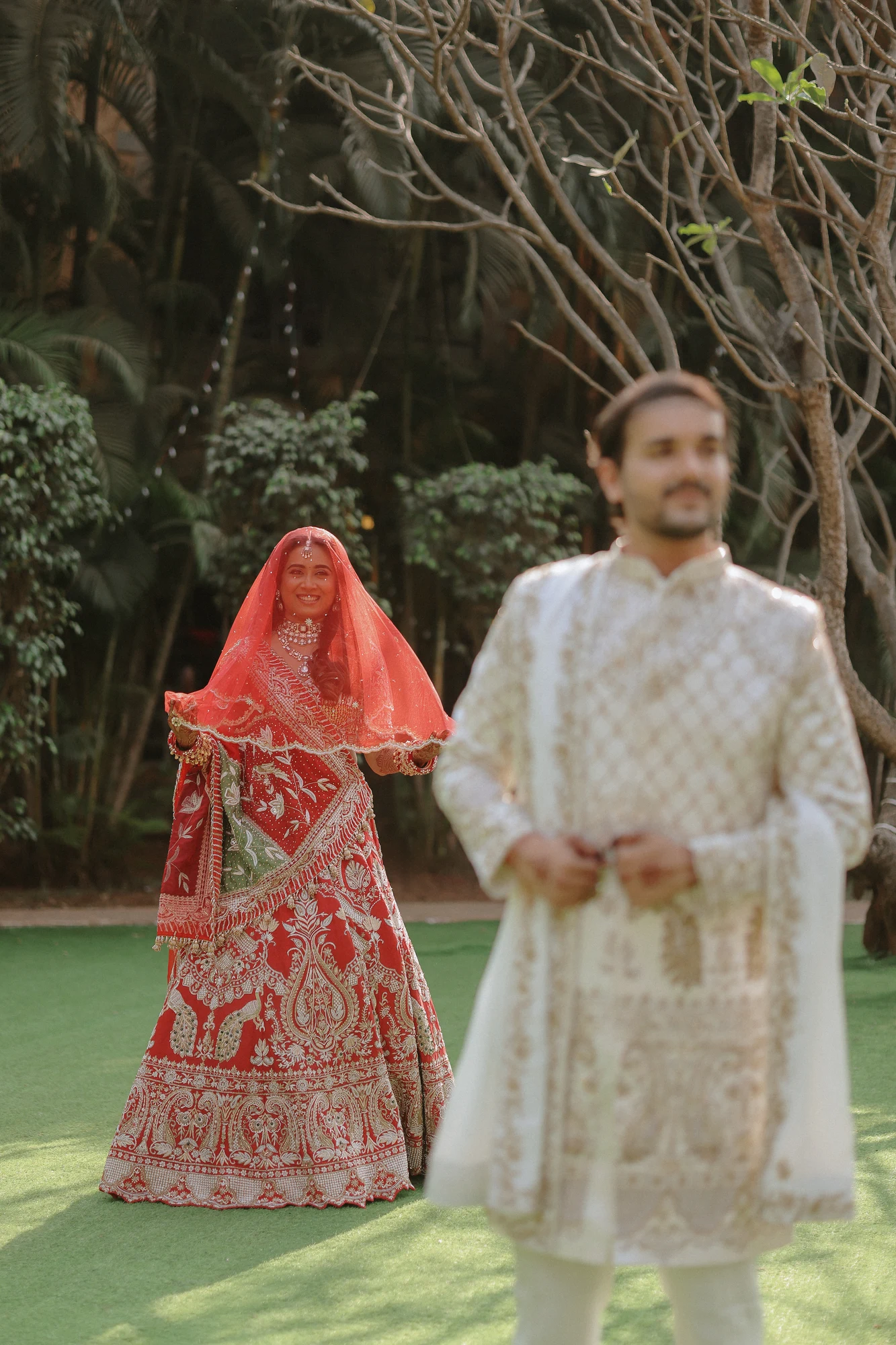 Couple walking in garden